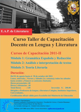 Curso de actualización en Lengua y Literatura (redacción, teoría literaria y análisis e interpretación) en UNMSM (Decana de América- Lima, Perú)